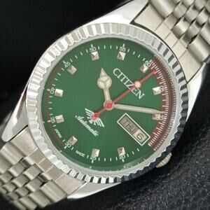 Vintage 1971 Citizen Automatic Mens Silver Watch W/daydate & Green accents